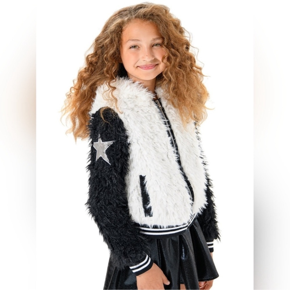 Mia Black and White Star Fuzzy hooded Jacket